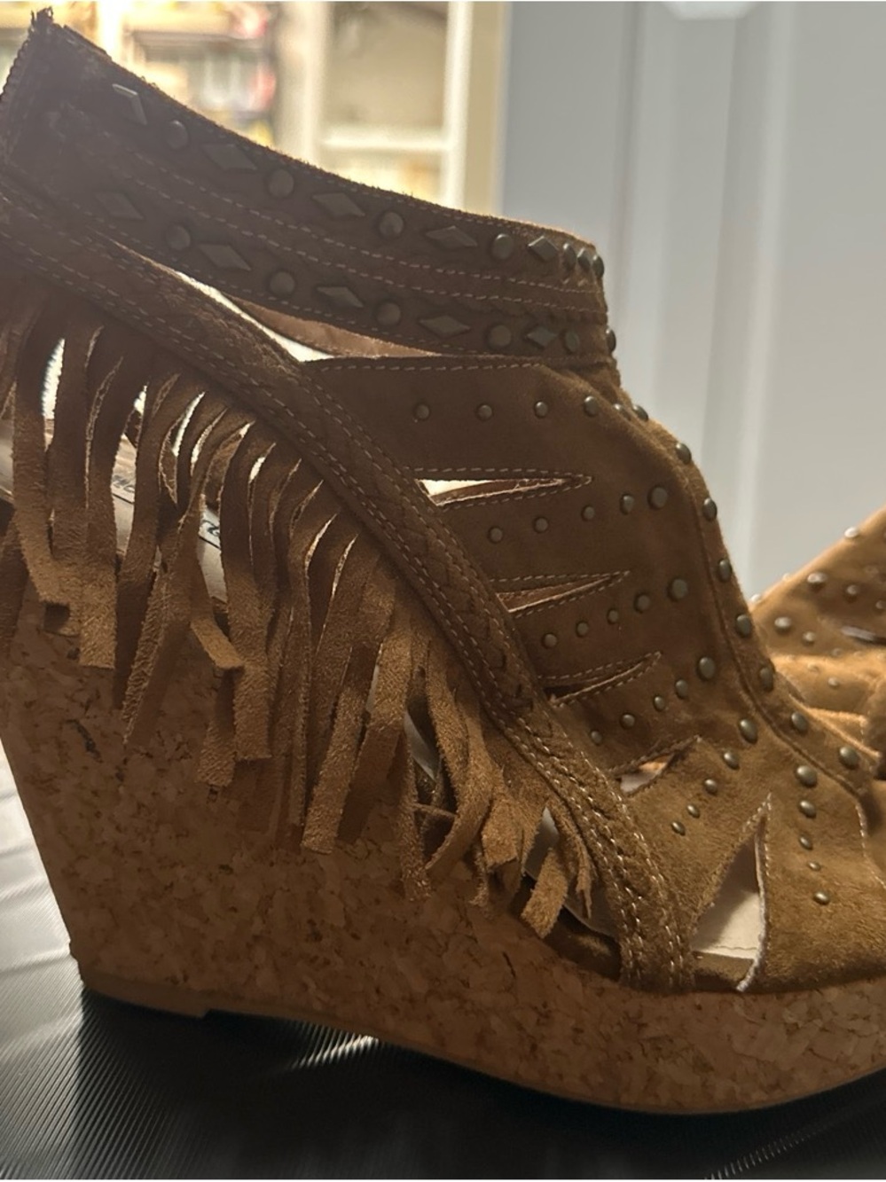 Not Rated Tan Suede Fringed Stud Cork Wedge Sandals